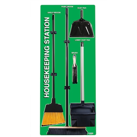 5S Supplies 5S Housekeeping Shadow Board Broom Station Version 1 - Green Board / Black Shadows With Broom HSB-V1-GREEN-KIT